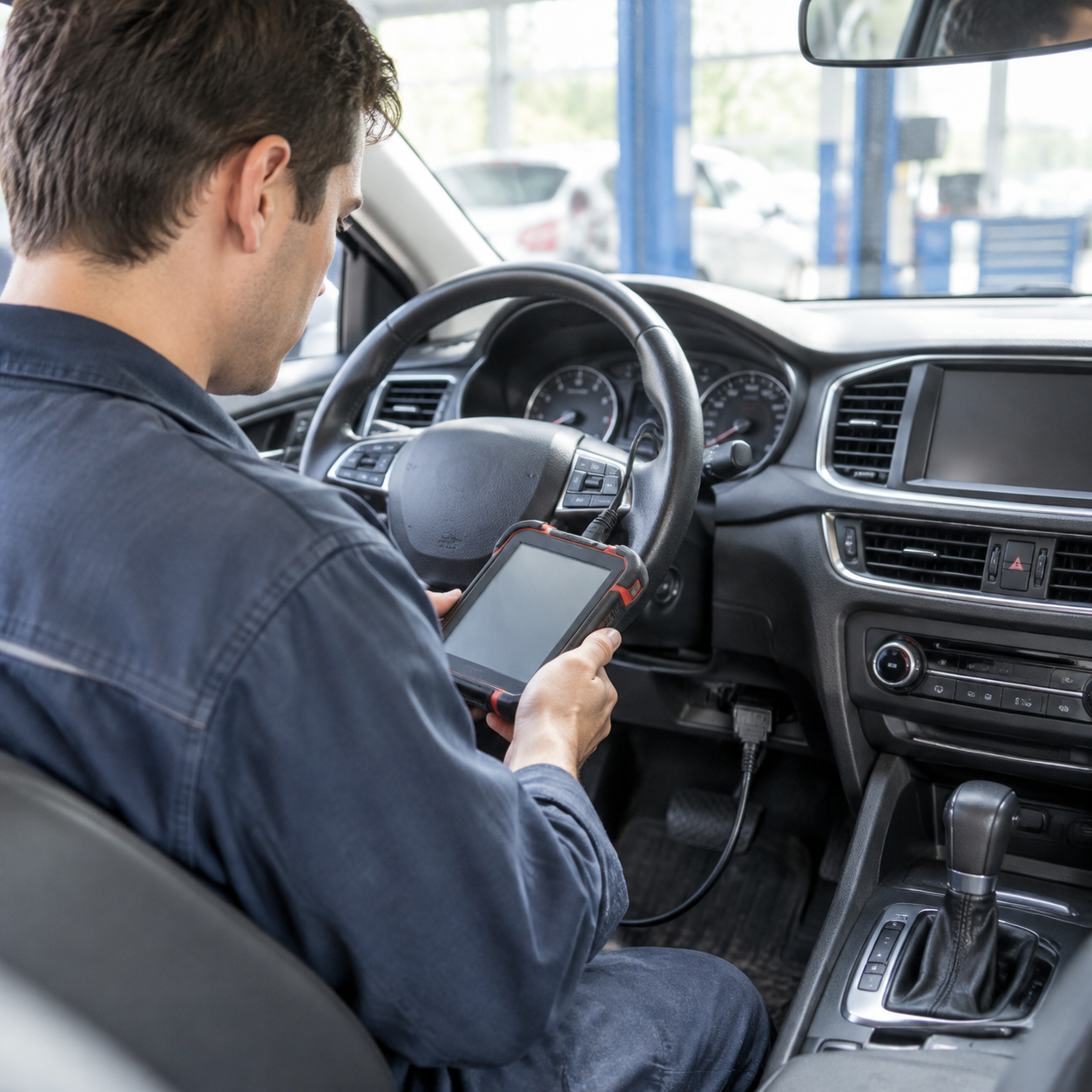 Technician reading fault codes from a diagnostic tool