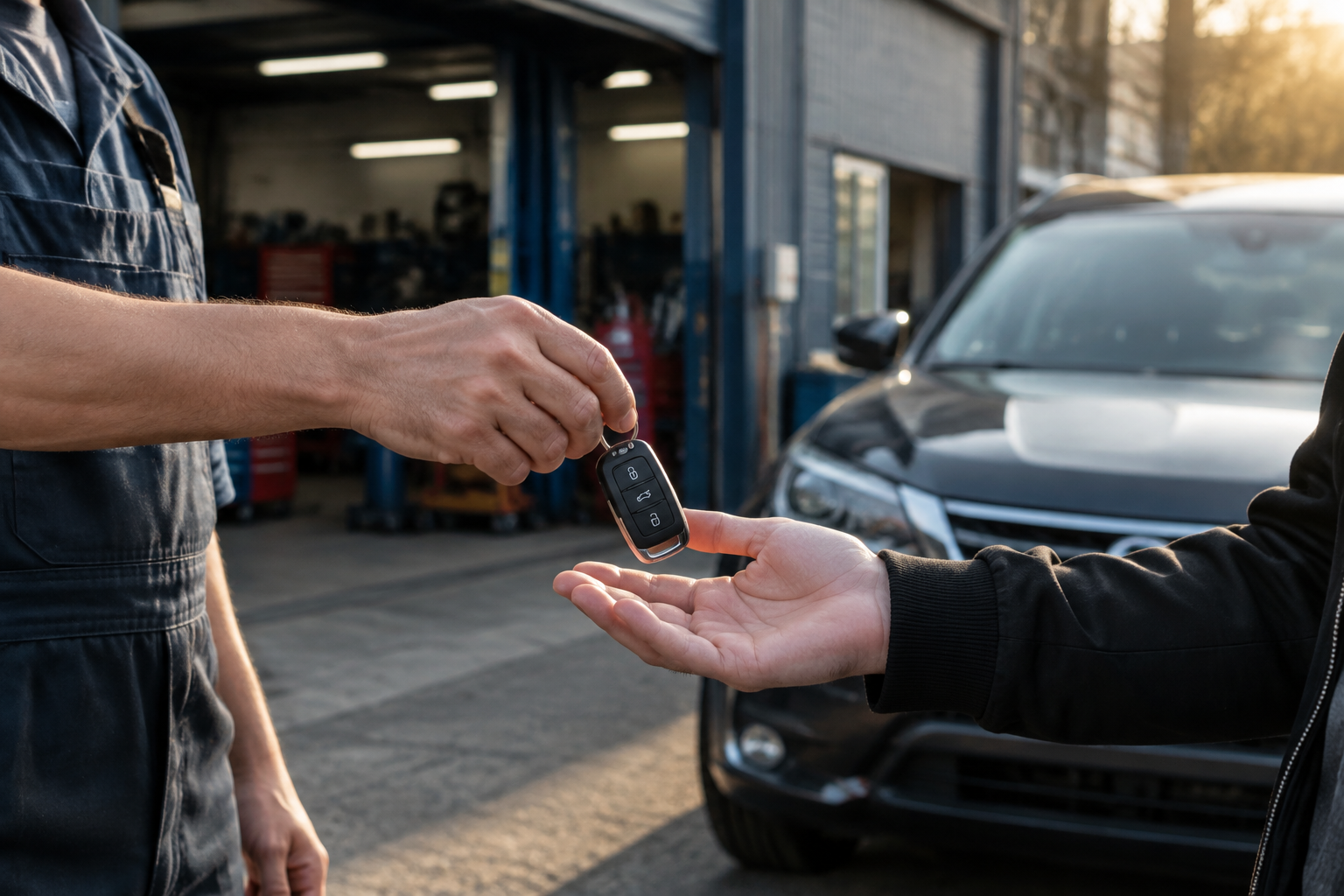 Customer collecting a vehicle after repair work