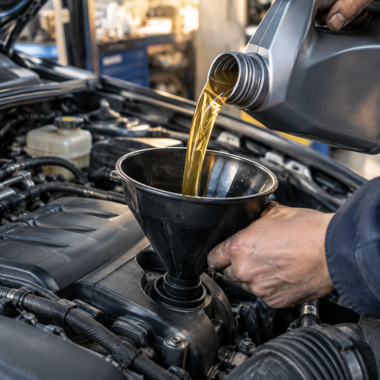 Engine oil and filter being replaced during a service