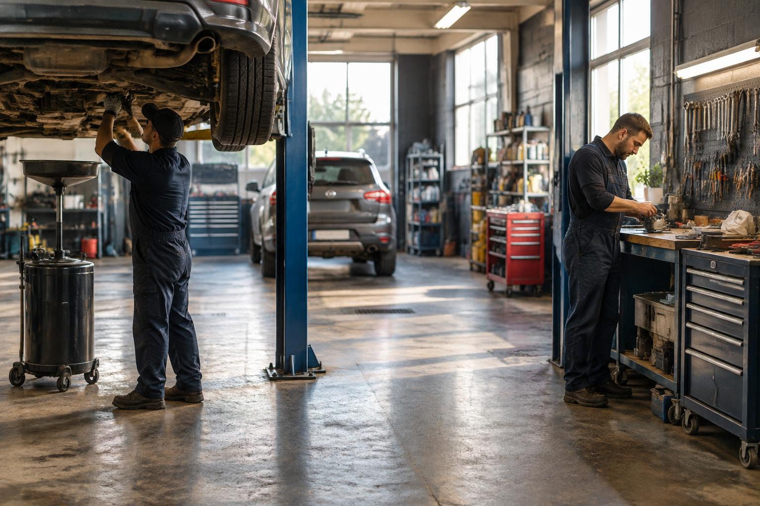 Vehicle being inspected in a workshop